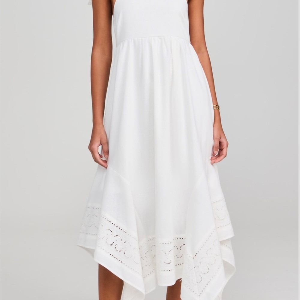 Moon River White Asymmetrical Handkerchief Hem Dress